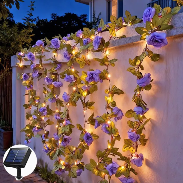 YAGXIG Kunstmatige Rozenkrans met Lichtjes - Lichtsnoer - Lichtsnoer op Solar - Perfect voor Bruiloften, Verjaardagen en Tuinfeesten (Paars, 2m/20LEDs)