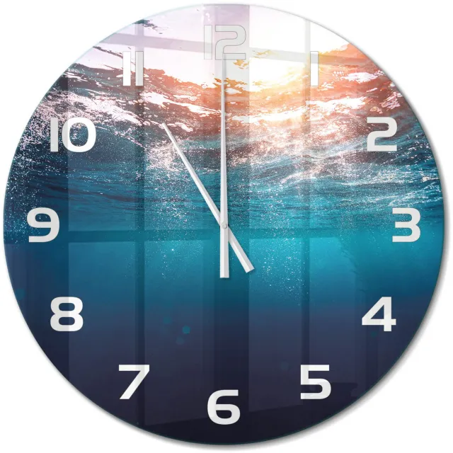 TULUP Wandklok - Onderwaterwereld Wandklok Glas Decoratie - fi60 cm - Blauw Gekleurde Glazen Klok - Witte handen - Ronde Klok - Klok Glas Met Opdruk - Moderne Wandklok Glas