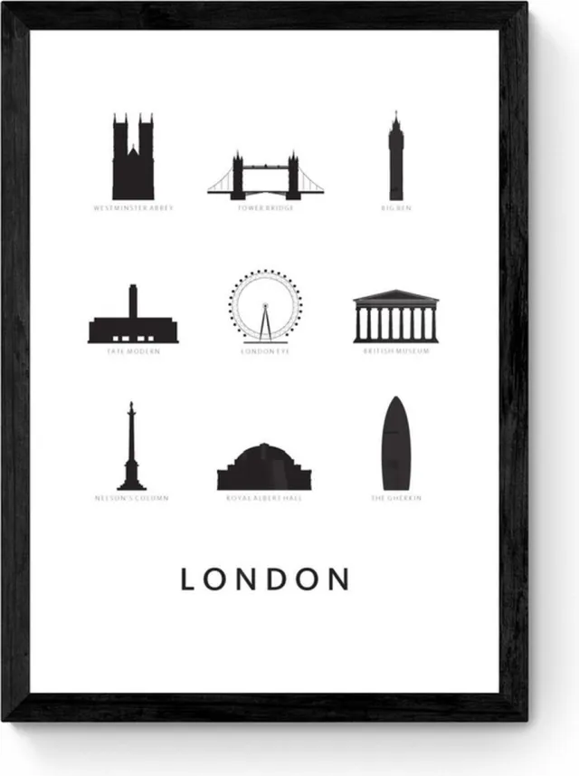 Kunst in Kaart London - Architectuur Poster - Ingelijst Zwart, Wit