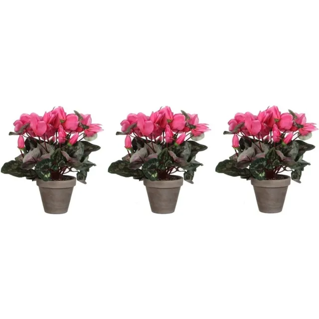Shoppartners Mica Decorations Roze cyclaam kunstplant en met bloemen 30 cm in grijze pot - Voordeelset van 4x stuks - Kunstplanten/nepplanten - Huis of kantoor