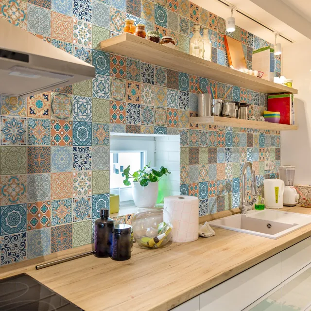 Ambiance Sticker Zelfklevende tegelmuurstickers voor keuken en badkamer - 60 cementtegelstickers, Azulejos Donitonio - 60 stickers, 15x15cm Multi color