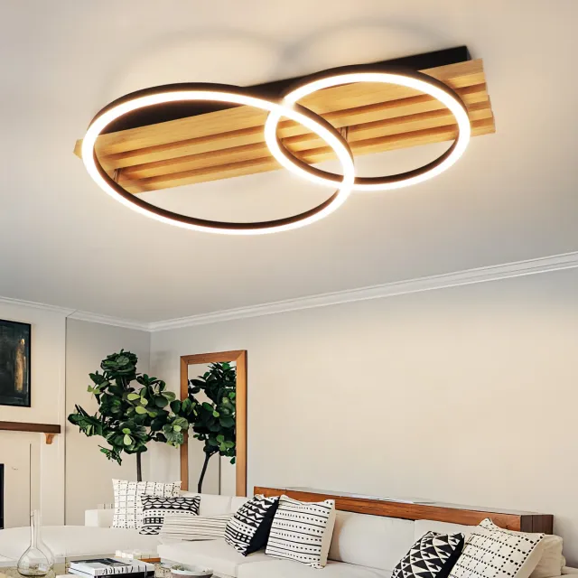 NETTLIFE Plafondlamp LED - Hout - Dimbaar 3000-6500K - rond - 36 W - Modern Plafondverlichting - Geometrisch Woonkamerlamp - Slaapkamerlamp met Afstandsbediening - 2 lichts - voor Slaapkamer | Keuken | Eetkamer | Kantoor - L 55 cm