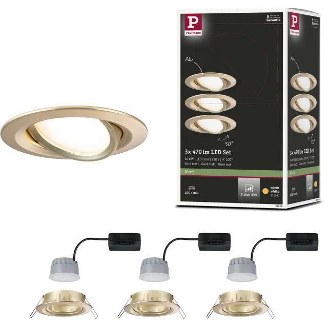 Paulmann LED-inbouwlamp 3-Step-Dim Nova Coin Basisset zwenkbaar rond 84 mm 50° Coin 3x6W 3x470lm 230V dimbaar 2700K Goud mat