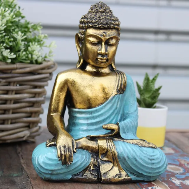 Ancient Wisdom Boeddha Beeld - Teal & Goud - Handgeschilderd - 22x14x10cm