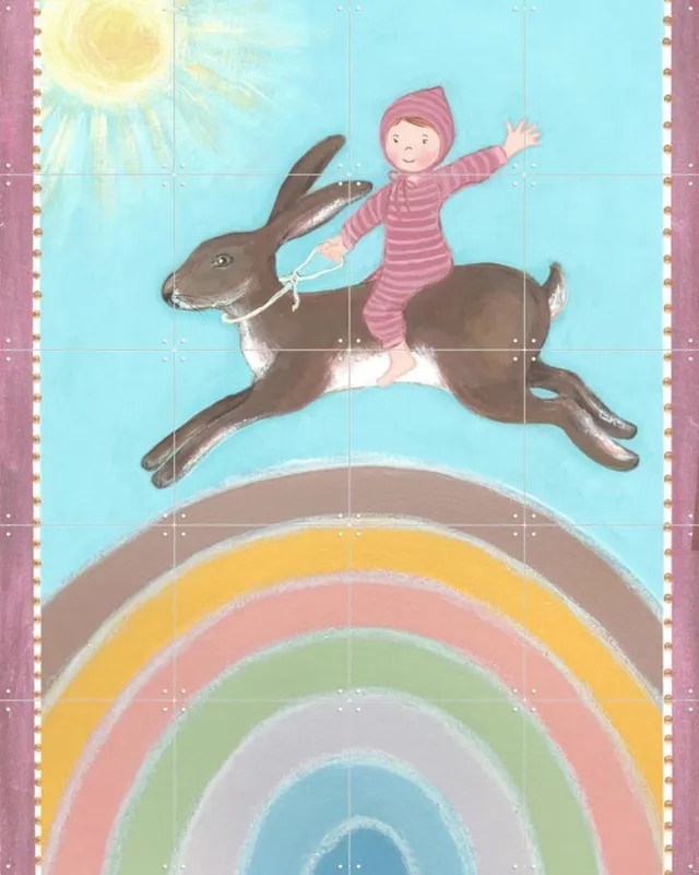 IXXI Haasje Over, Desirée van Hattem - 80 x 100 cm - Grote wanddecoratie en posters - Illustraties, Speels, Fantasierijk, Kleurrijk, Babykamer Roze / Blauw / Pastel kleuren