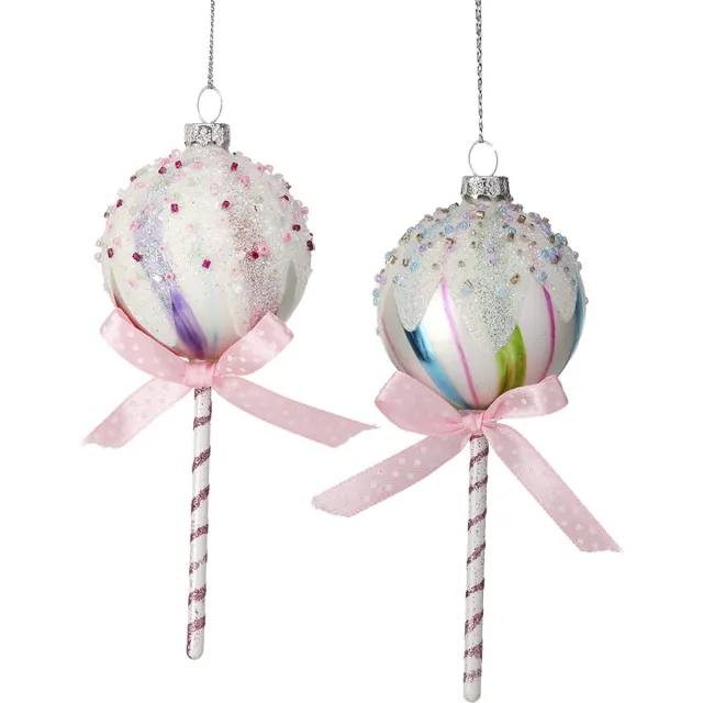 Viv! Christmas Kerstornament - Lollipop met Strik - set van 2 - glas - pastel - 15cm