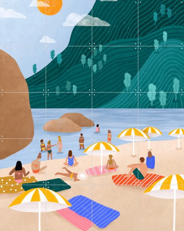 IXXI Sunkissed Retreat, Bea Müller & Various - 80 x 100 cm - Grote wanddecoratie en posters - Fantasierijk, Speels, Modern, Illustraties, Digitale Groen / Beige / Blauw