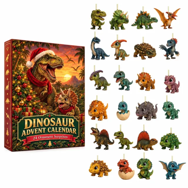 SWGOTA Dinosaurus-adventskalender met 24 kleurrijke kersthangers en ophangkoordjes - verpakking 26 x 18 x 3 cm Groen