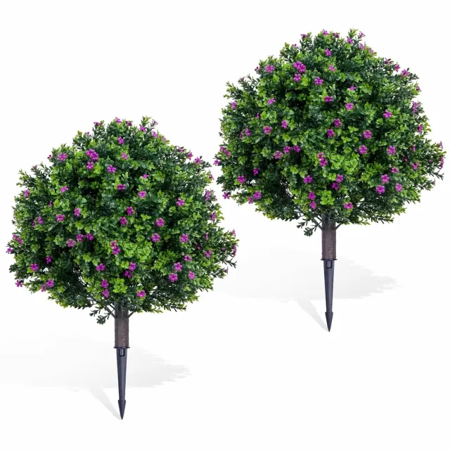 Happiq Set van 2 Kunst Buxusbomen 60cm - UV-Bestendig design met Paarse Bloemen - voor tuin en interieurdecoratie - Groen Kunststof - Zwart