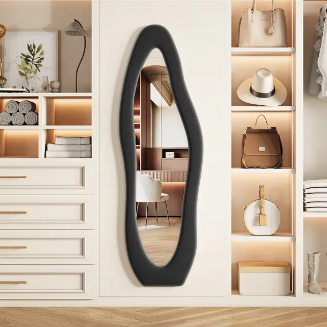 ROSAHQNDA Onregelmatige wandspiegel 160x50 cm - Grote passpiegel met zwart zacht frame, gehard veiligheidsglas, moderne decoratieve spiegel voor slaapkamer, woonkamer en entree Zwart-Onregelmatige