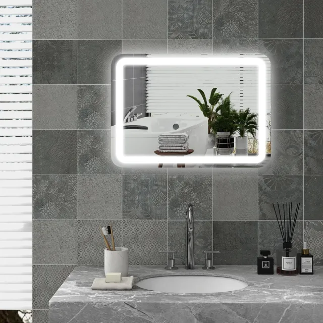 Wishdor Badkamerspiegel Met Ledverlichting - Touchbediening En Anti-Condens - Modern - Voor Badkamer - Gehard Glas - Zilver - 50 X 70 Cm