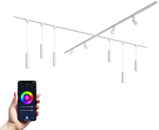 HOFTRONIC railverlichting pakket X-vorm – 4x 1,5 meter rails – 4 railspots 6 hanglampen – RGBWW GU10 dimbaar – aluminium wit – IP20 – modulair – 230V – slimme verlichting woonkamer keuken