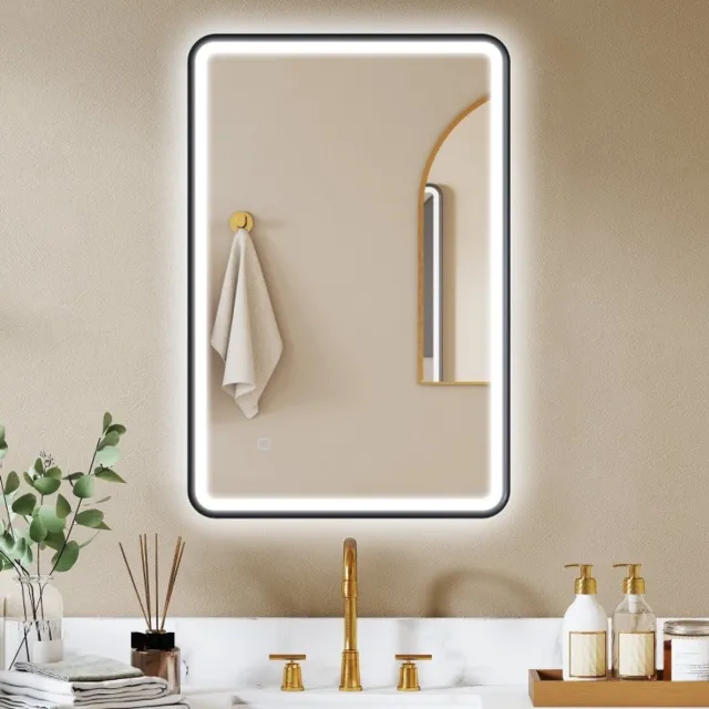 MEUNIQ LED badkamerspiegel 90 x 60 cm, zwart, met 3 lichtkleuren, dimbare verlichting, anti-condens, touchbediening en geheugenfunctie voor de badkamer Black