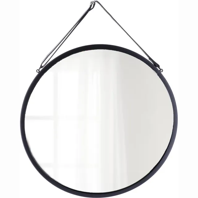 Tendance Wandspiegel - zwart - D38 cm - metaal met lederlook riem - hangspiegel - ophangbaar