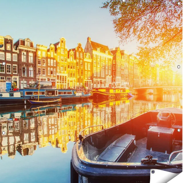 Gards Tuinposter Amsterdamse Brug - Gracht - met Bloemen - 110x110 cm - Tuindoek - Tuindecoratie - Wanddecoratie buiten - Tuinschilderij Multikleur
