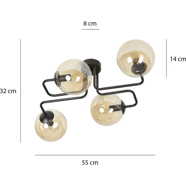 Emibig Kangasala speciale 4L plafondlamp zwart met amberkleurige bollen E14 - Creëer een sfeervolle ambiance in uw huis Zwartachtig