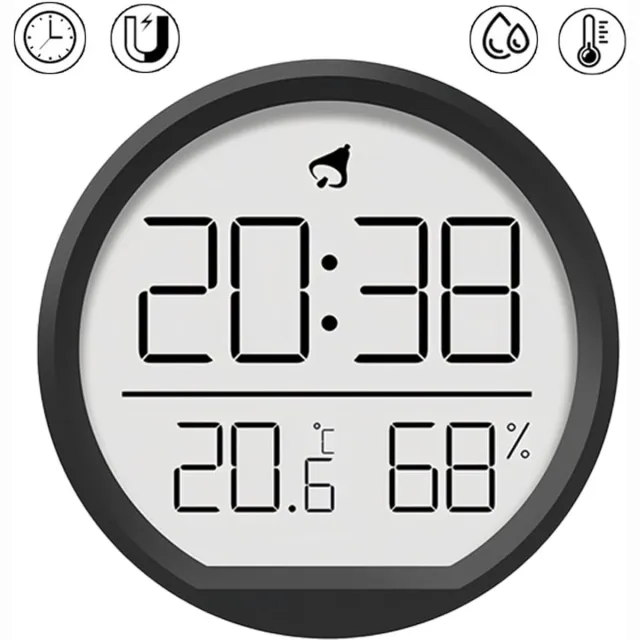 OUYLAF LCD keukenklok - Magnetische klok - Met temperatuur‑ en vochtigheidsmeter - ronde digitale wekklok - zwarte keukenklok - Magnetisch - 3 plaatsingsmogelijkheden - 12 uurs en 24 uurs tijdweergave - Geschikt voor thuis, keuken en kantoor