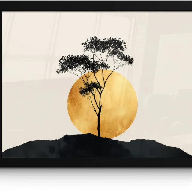 FrameYourWall Poster in lijst - Fotolijst 40x30 cm - Posters - Zwarte boom - Gouden cirkel - Heuvel - Posterlijst zwart - Decoratie - Wanddecoratie woonkamer - Muurdecoratie slaapkamer