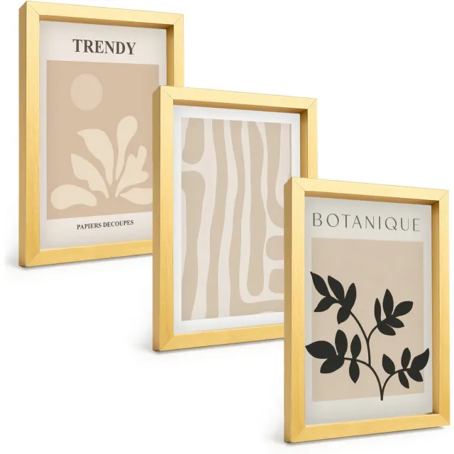 TULUP 4-Delige Schilderij Set - Stijlvolle plantenpatronen in beige en zwarte tinten. - 20 x 30 cm - Moderne Wanddecoratie - Slaapkamer - Woonkamer Decoratie Gouden lijst
