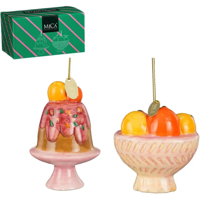 Mica Decorations kerstornament cadeau set - taart - fruit (2 stuks) Licht roze, bruin