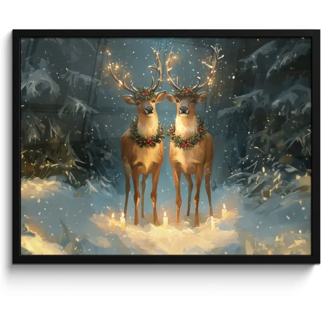 FrameYourWall Poster in lijst - Fotolijst 70x50 cm - Posters - Dennensprookje - Rendier - Nacht - Posterlijst zwart - Decoratie - Wanddecoratie woonkamer - Muurdecoratie slaapkamer