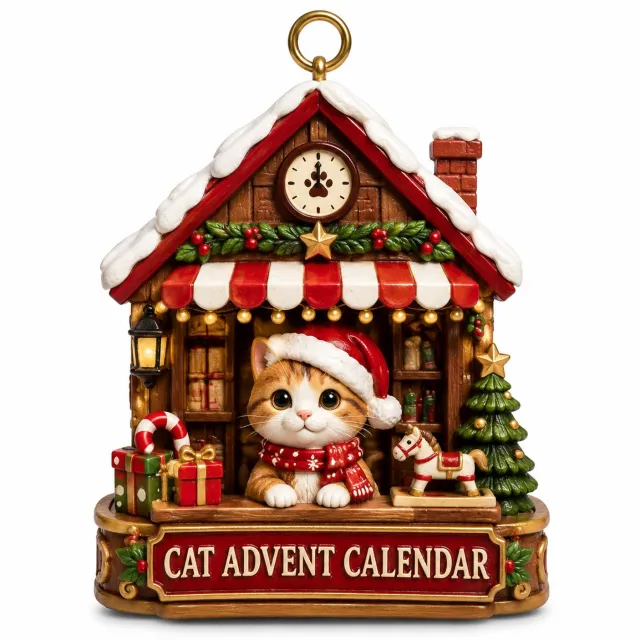 SWGOTA Adventskalender kattendorp - 24 kersthangertjes met ophangoog en geïllustreerde doos Rood