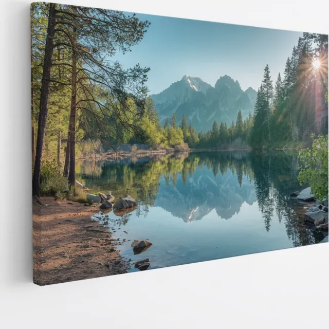 Saammp Canvas Schilderij - Bergen - Zon - Meer - botanisch - Landschap - Natuur - 60x40 - Foto op canvas - Wanddecoratie - Muurdecoratie Woonkamer - Slaapkamer decoratie - Canvas Print Multicolor