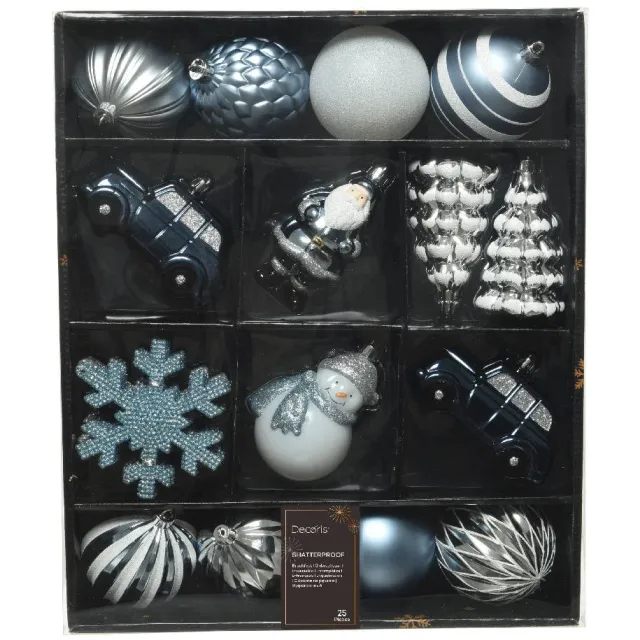 Decoris Mix box kunststof roze/kleur(en) matt shiny glitter mix - 25 stuks (ø8 cm) blauw/zilver