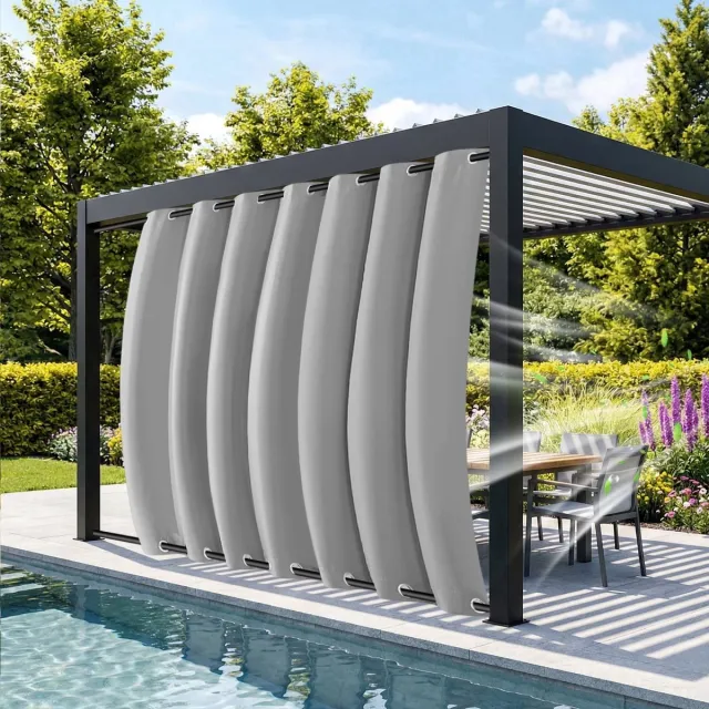 MUPOO Buitengordijnen Waterdicht & Windbestendig met Ringen Boven en Onder - Dubbele Bevestiging tegen Wind - Verduisterend & UV Werend - Outdoor Gordijnen voor Veranda, Balkon - 132x274 cm - lichtgrijs - 2 stuks (Rideau Extérieur Imperméable) Grijs-2 stucks