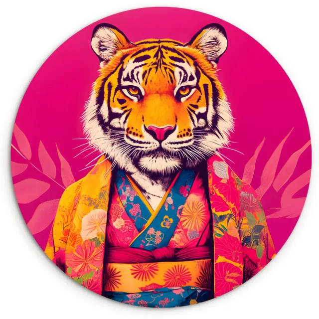 WallCircle Wandcirkel 150x150 cm - Muurcirkel Tijger - Kimono - Planten - Roze - Muurdecoratie woonkamer - Wanddecoratie slaapkamer - Kamer decoratie accessoires - Ronde schilderijen