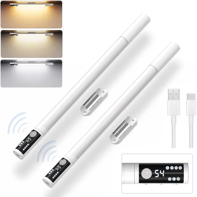 Rayofi Kastverlichting - Verlichting met bewegingssensor - Met digitaal display - Draadloze kastverlichting - USB oplaadbare LED-lampen - Draadloze LED-lampen - Inbouwkasten - Kasten - Oplaadbare LED-strips - Gangpaden - Trappen (wit)- Set van twee zilver