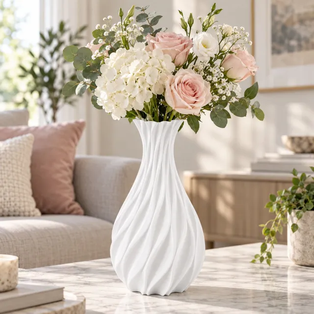 Wishdor Decoratieve bloemenvaas - Met spiraalvormig reliëf en smalle hals - Voor droogbloemen en kunstbloemen op bijzettafel - Onbreekbaar kunststof - Wit - L 11 x B 11 x H 20 cm