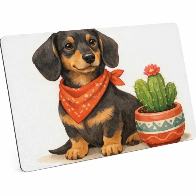 Mr Cadeautjes MDF magnetische fotolijst 28 x 19 - design Een eigenwijze teckel met een bandana, naast een kleine cact | cadeau Wit