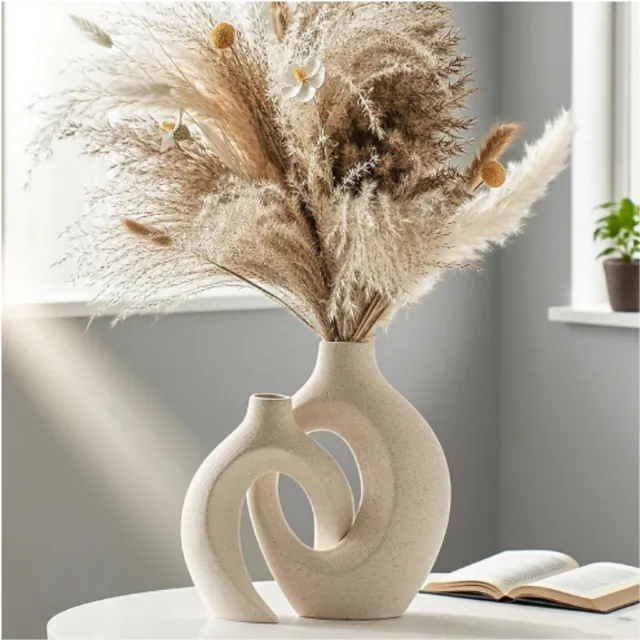 BOG Set Van 2 Keramische Open Vazen – Moderne Beige Scandinavische Vazen – Esthetische Boho Bloemenvaas – Decoratie Voor Woonkamer – Kantoor – Salontafel – Landelijk Interieur Normaal beige