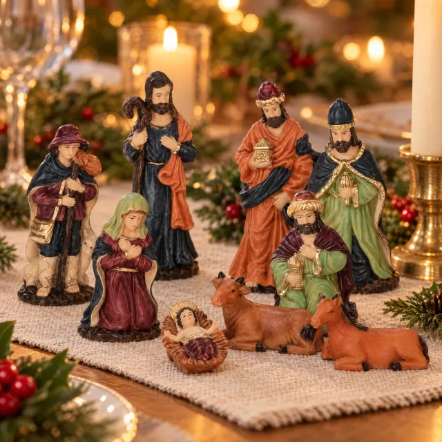 Lomera Kerststal Figuren Set van 9 - 8 cm - Kerstgroep - Kerstbeeldjes - Kerststal Beelden - Maria Jozef en Kindje Jezus - Kerstkribbe Figuren - Kersttafereel - Religieuze Beeldjes - Kerstdecoratie