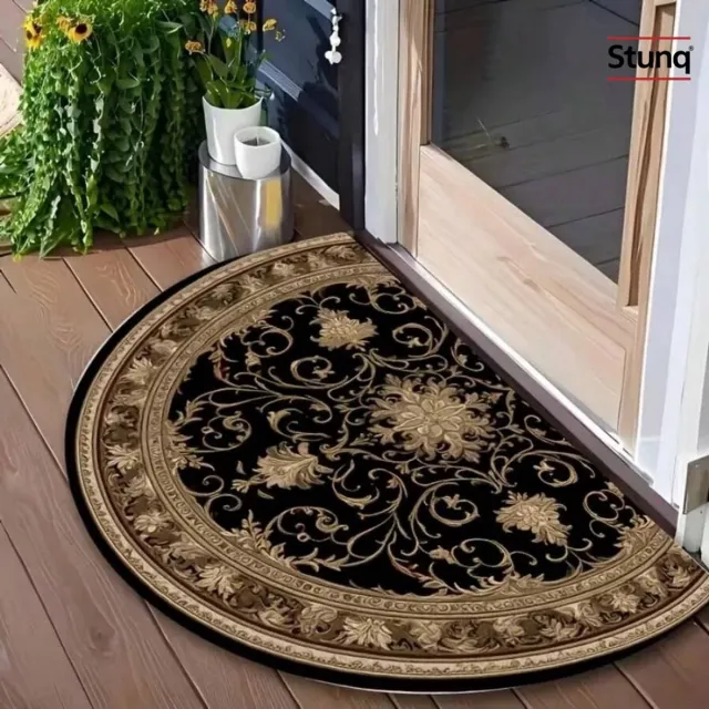 Stunq Retro halfronde deurmat zwart/goud - wasbare antislip vloermat voor binnen en buiten