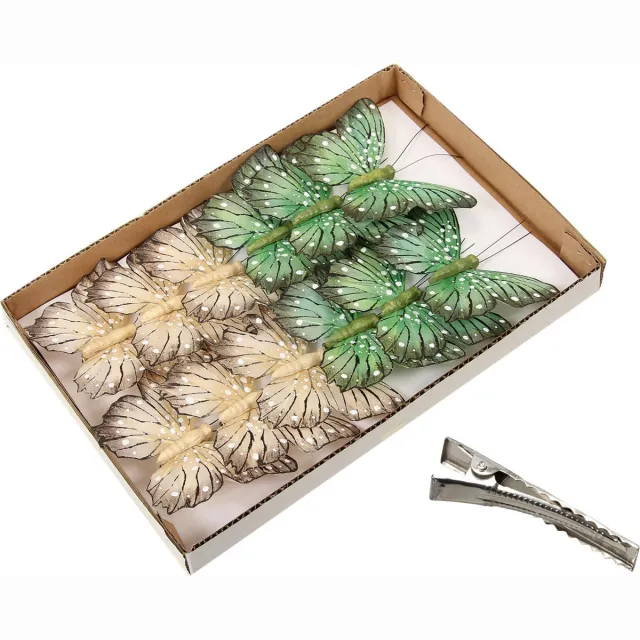 Othmar Decorations kerstboom decoratie vlinders op clip -12x -groen/beige -11 cm