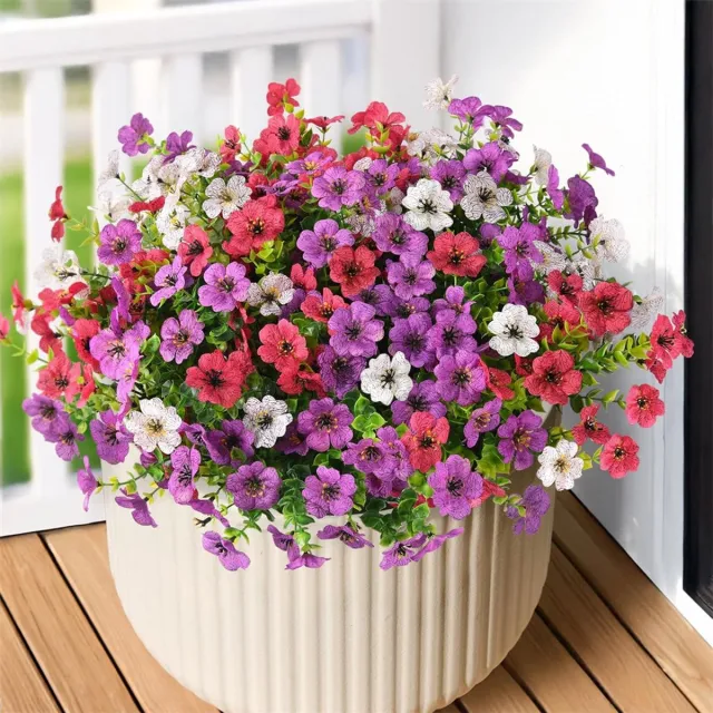 Zyronn 6 stuks Kunstbloemen decoraties, UV-bestendige kunstviolen voor buiten, realistische kunstbloemen van plastic voor binnen en buiten, veranda, tuin en binnenplaatsdecoratie, (Paars + Roosrood + Wit) 6 stuks Paars + Roosrood + Wit