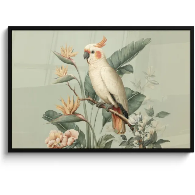 FrameYourWall Poster in lijst - Fotolijst 120x80 cm - Posters - Gele kuifkaketoe - paradijsvogelbloemen - Groen - Posterlijst zwart - Decoratie - Wanddecoratie woonkamer - Muurdecoratie slaapkamer