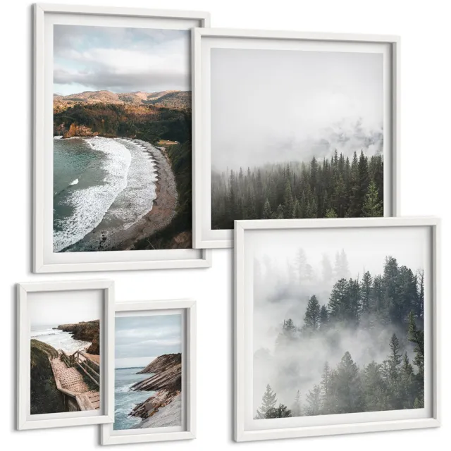 Coloray 5-Delige Schilderij Set - Kustlandschappen Met Bossen En Bergheuvels - 50 x 50 cm, 20 x 30 cm En 40 x 60 cm - Muurdecoratie - Wanddecoratie - Slaapkamer - Woonkamer Decoratie Witte lijst