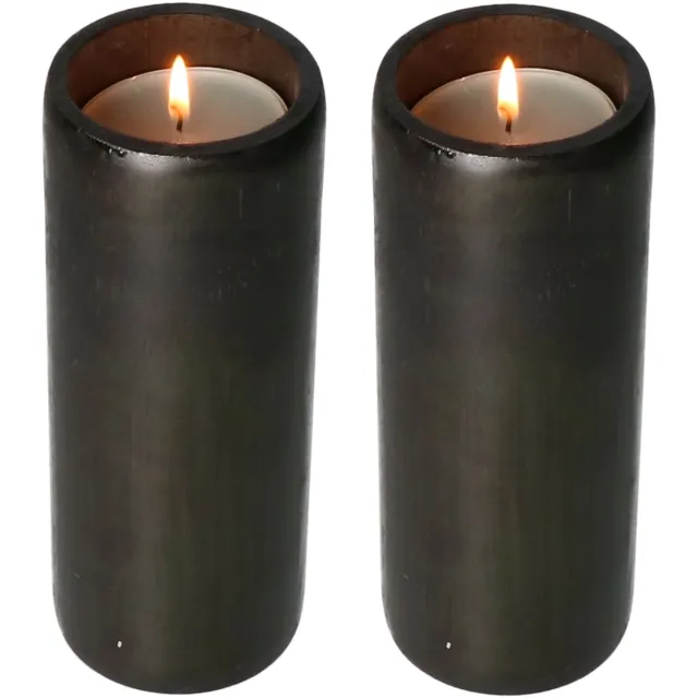 Lesliliving Lesli Living Kaarsenhouders/waxinelichtjes houders - 2x - bamboe - zwart - H20 cm - theelicht houder