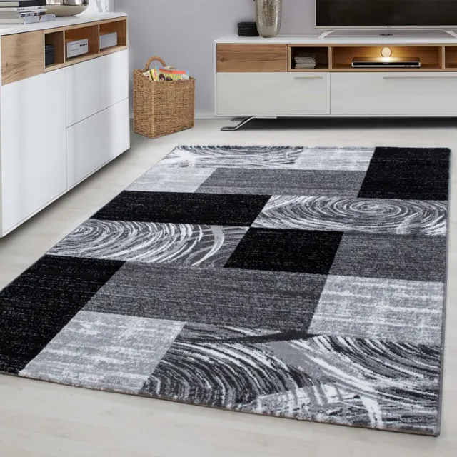 Ayyildiz Laagpolig vloerkleed met abstract ruitpatroon, zwart, geschikt voor de woonkamer, met jute achterkant, afmetingen: 280 x 370 cm