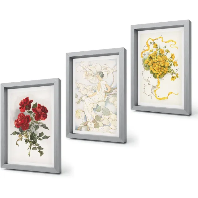 Coloray 4-Delige Schilderij Set - Rode rozen in een witte vaas met gele bloemen. - 20 x 30 cm - Wanddecoratie - Schilderijen Set - Kantoor - Moderne Wanddecoratie Zilveren lijst