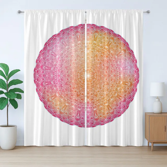ABAKUHAUS Roze Mandala Rustiek Gordijn, Levendig Boheems Motief, met Bandjes en Lussen voor de Woonkamer, 280 x 245 cm, Magenta Oranje en Wit