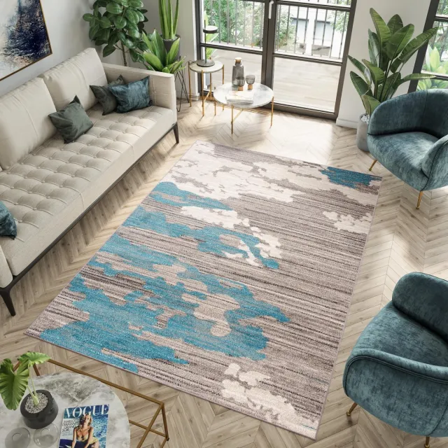 Tapiso Fiesta Vloerkleed Woonkamer Blauw Grijs Tapijt Maat- 133x190 Grijs Creme Blauw