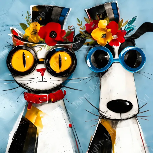 John Joseb Art (Glas) 60x60 | Grappige hond en kat, poes met hoed, bril en bloemen, abstract, humor, vierkant, kunst, dier, wit, rood, blauw, modern | Foto-schilderij-glasschilderij-acrylglas-acrylaat-wanddecoratie Acrylglas, dikte 5 mm
