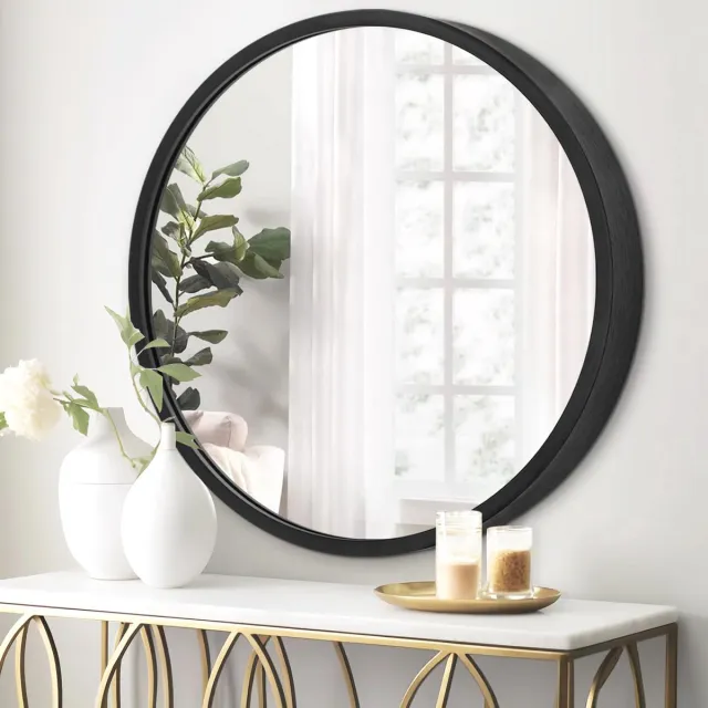 Famanu Cirkel wandspiegel van 50 cm, zwarte ronde spiegel voor wandmontage met metalen frame