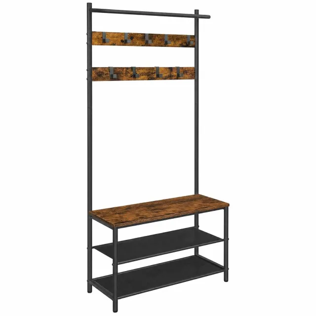 Vasagle Saska kapstok met schoenenbank en 9 afneembare haken - vintagebruin/zwart - 64 × 32,2 × 180 cm