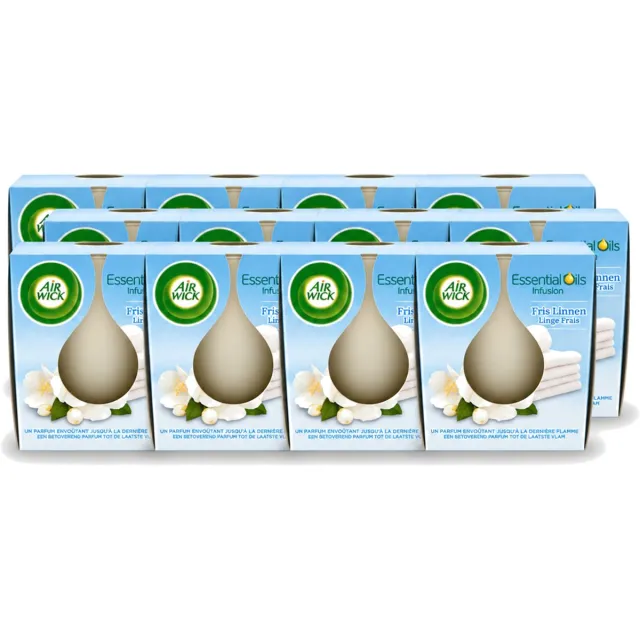 Air Wick 12 x Air Wick – Geurkaars – Fris Linnen met Essentiële Oliën – 105 g - Voordeelverpakking - 12 stuks Wit