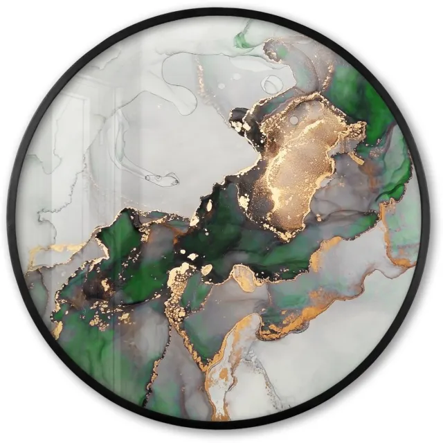 FrameYourWall Poster in lijst Rond - Fotolijst 80x80 cm - Posters - Marmer - Goud - Groen - Luxe - Ronde posterlijst zwart - Decoratie - Wanddecoratie woonkamer - Muurdecoratie slaapkamer Luxe marmer